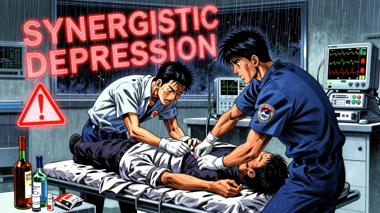 Paramedics work on a patient in an ER as alcohol bottles and prescription bags lie scattered on the floor.