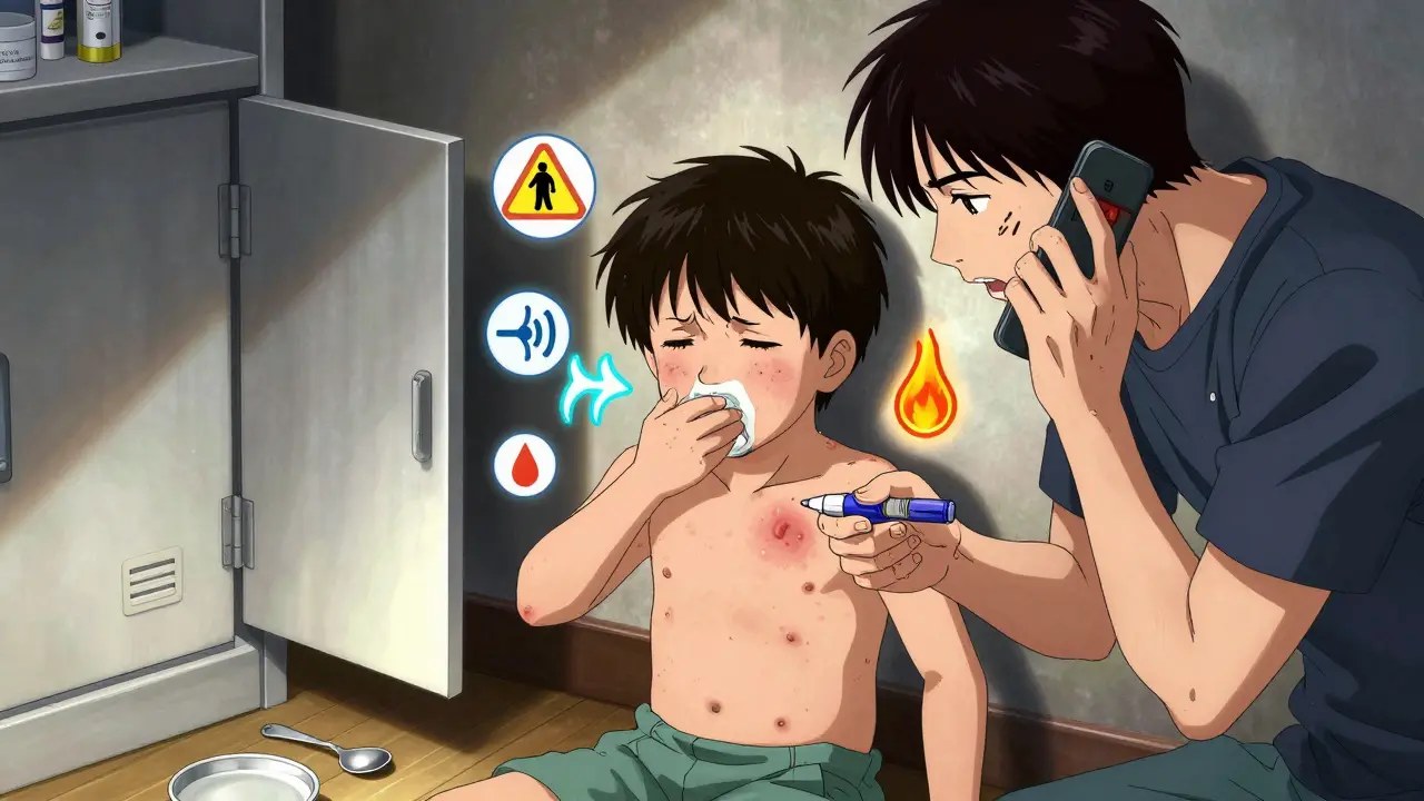 Parent uses EpiPen as child has trouble breathing, hives spreading, emergency phone in hand.