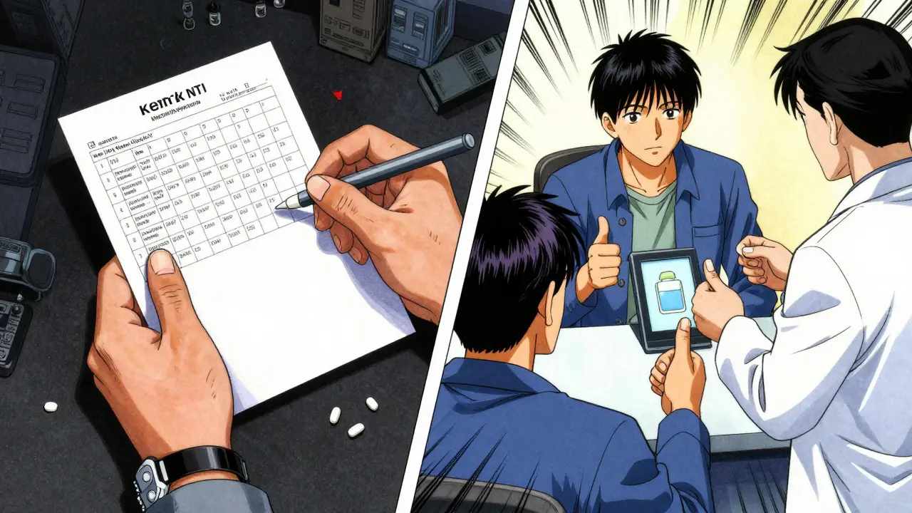 Patient receiving brand-name vs. generic NTI drugs in Kentucky and Texas, contrasting pharmacy environments.