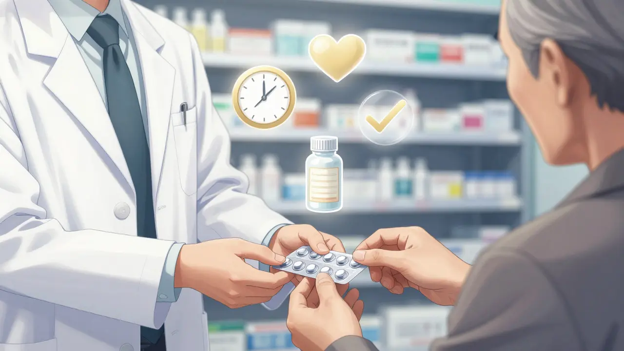 Pharmacist handing a weekly blister pack to an older patient, symbols of health floating nearby.