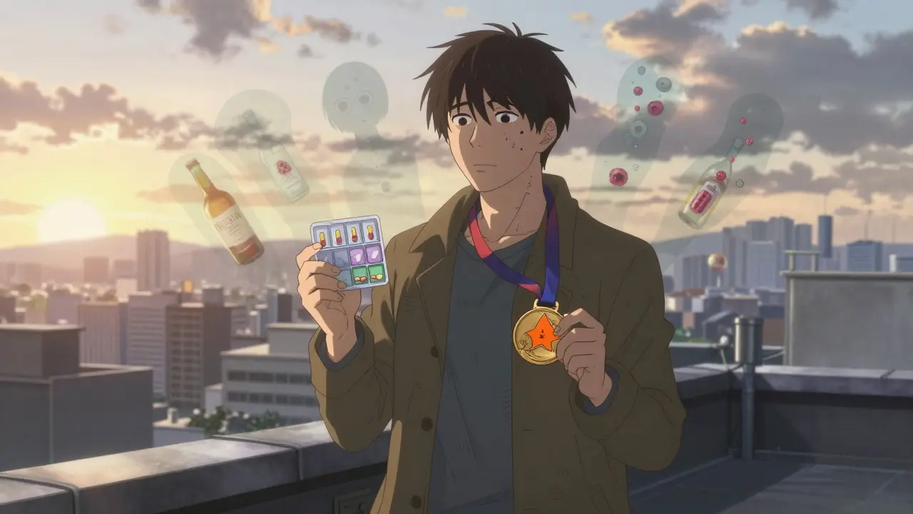 Post-transplant patient on rooftop holding pill organizer and marathon medal, fears fading behind.