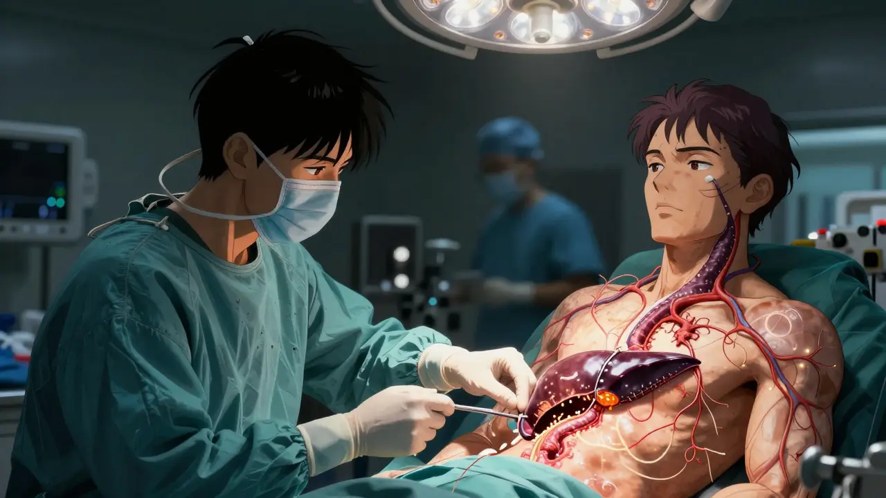 Simultaneous surgeries of living liver donor and recipient, glowing tissue and surgical details.