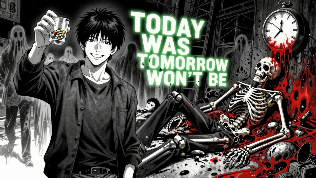 Split image: a man drinking with pills on one side, his skeletal double collapsing in darkness on the other.