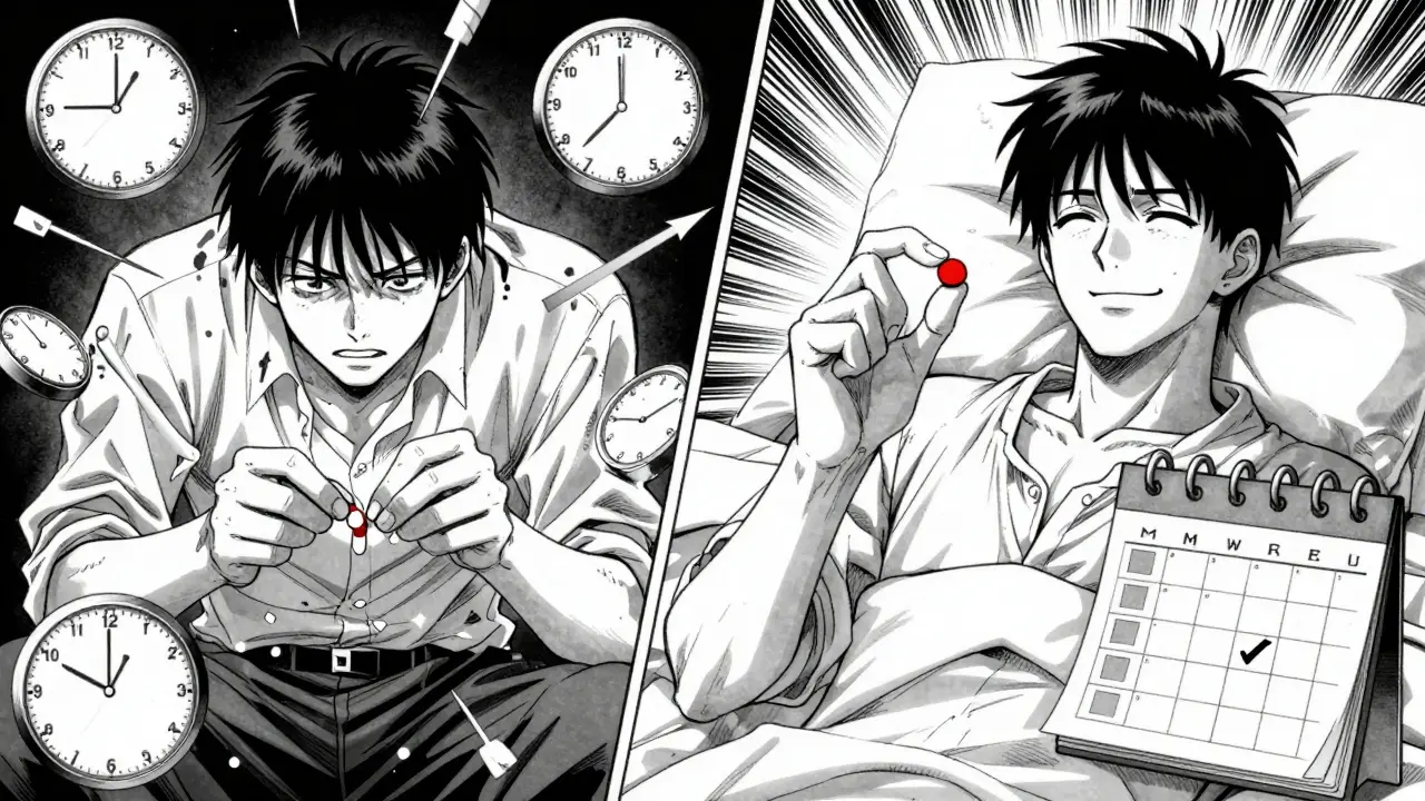 Split image: chaotic pill sorting vs. peaceful single-pill routine, clock hands spinning.