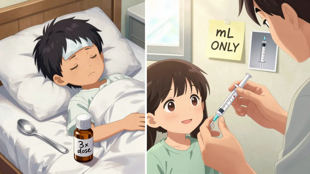 Split scene: child overdosed with spoon vs. child safely medicated with oral syringe.