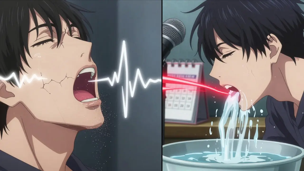 Voice waves cracking as steroid dust settles on vocal cords, then washed away by water.