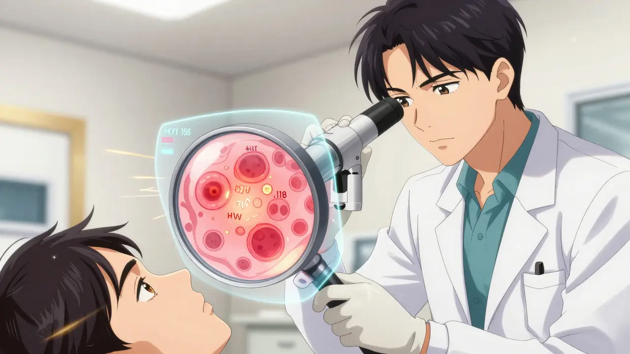 A doctor performing a colposcopy with a holographic overlay showing HPV-related cell changes.