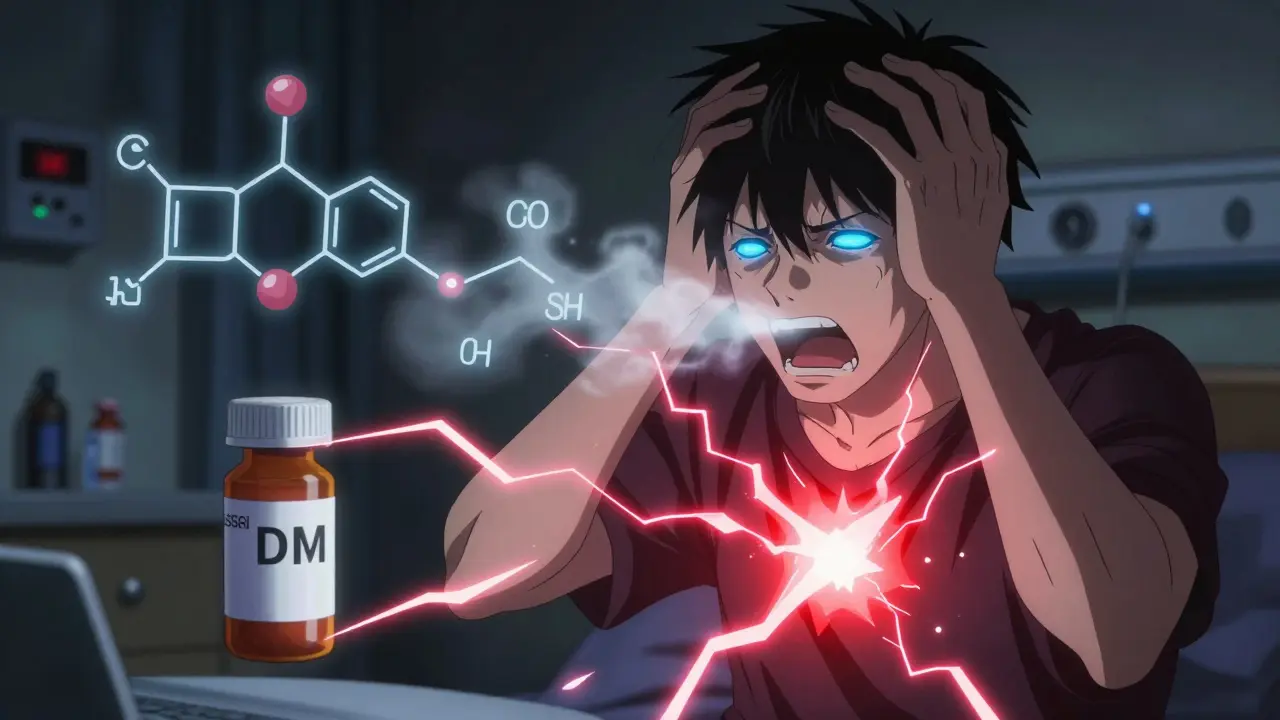 A person clutching their head as glowing energy connects a cold medicine to an antidepressant bottle, with floating chemical molecules.