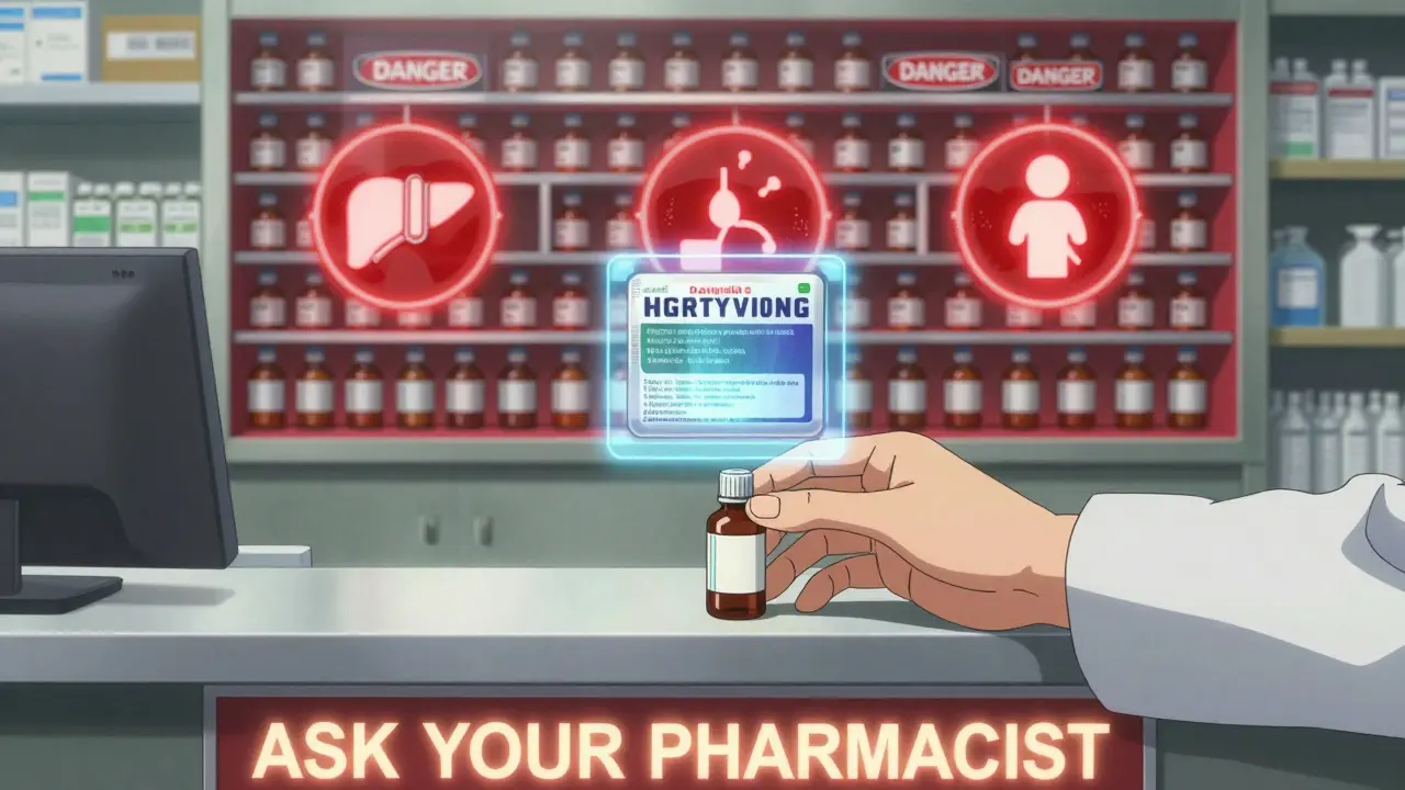 A pharmacist's counter with a single medicine being chosen while a holographic maze of danger signs looms behind.