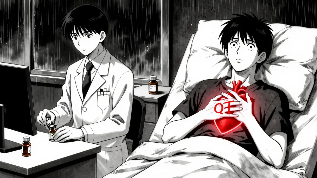 A pharmacist swaps pill bottles while a patient experiences a heart-related side effect, with a glowing QT symbol.