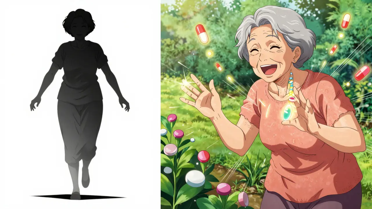 Before and after: a woman frozen in shadow vs. gardening in color, symbolizing DBS-induced life restoration.