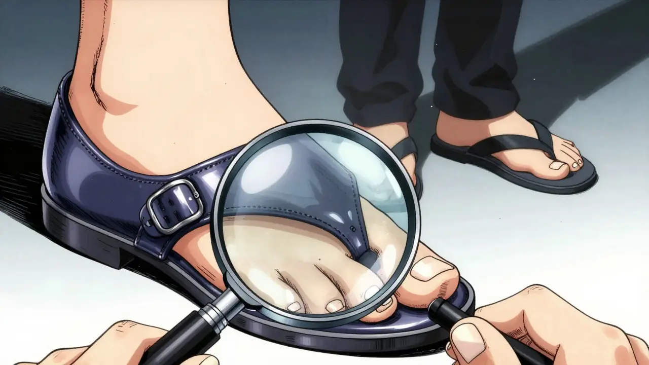 Close-up of diabetic therapeutic shoe with labeled features: deep toe box, rigid heel, and toe space.