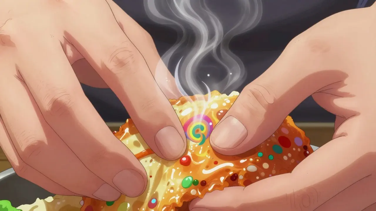 Close-up of hands savoring food texture with sensory details like steam and color swirls.