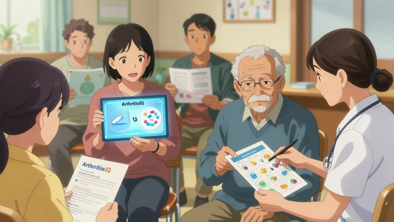 Diverse patients using decision aids with healthcare support in a community setting, empowered by visual tools.