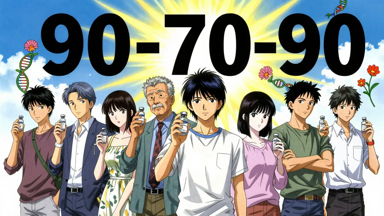 Diverse people holding HPV vaccine vials as DNA vines bloom into cancer-free silhouettes.