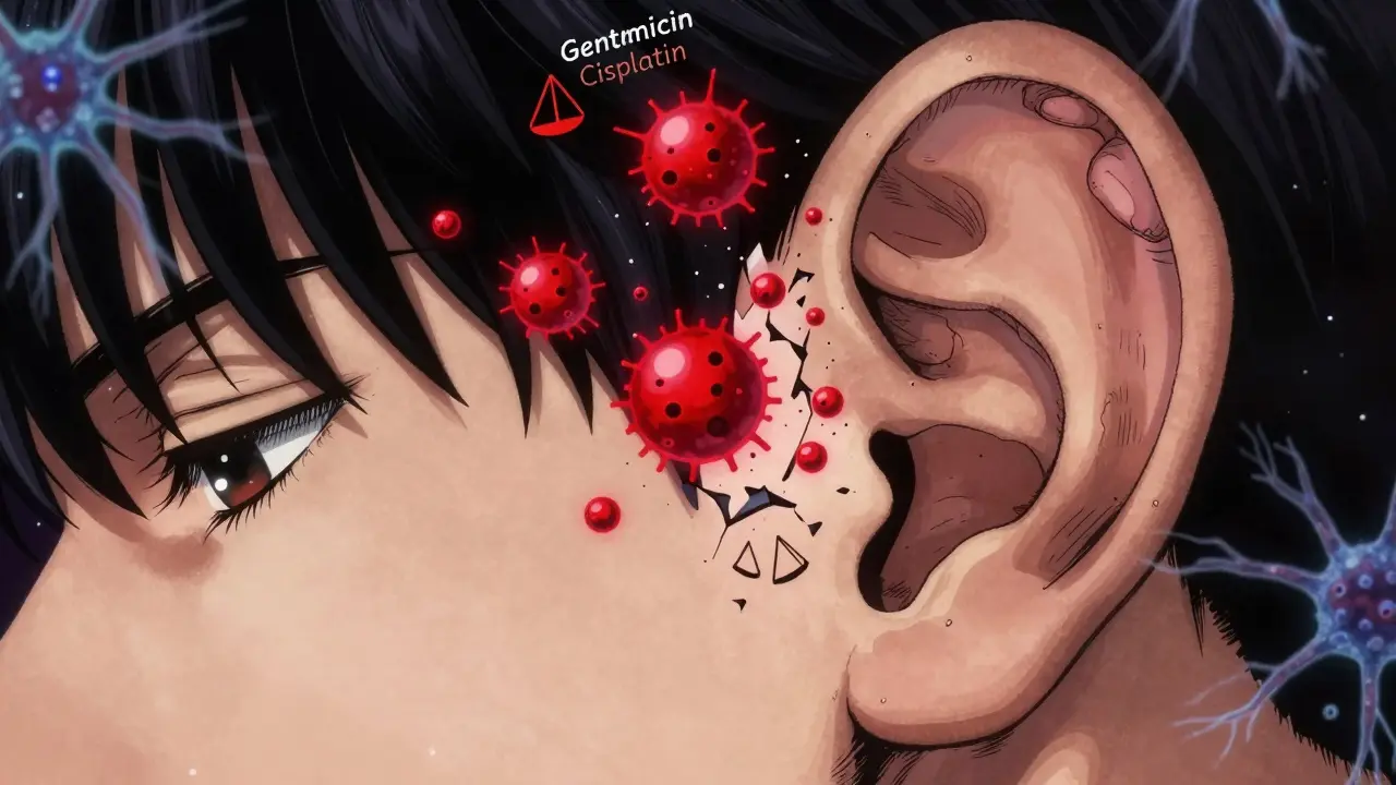 Inner ear with damaged hair cells under attack by toxic drug particles in a surreal anatomical scene.