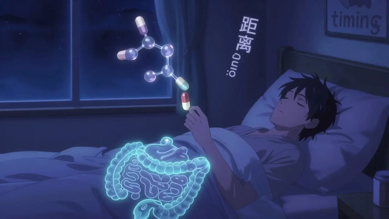 Nighttime scene with magnesium supplement and fading antibiotic molecules, peaceful sleep under starry window.