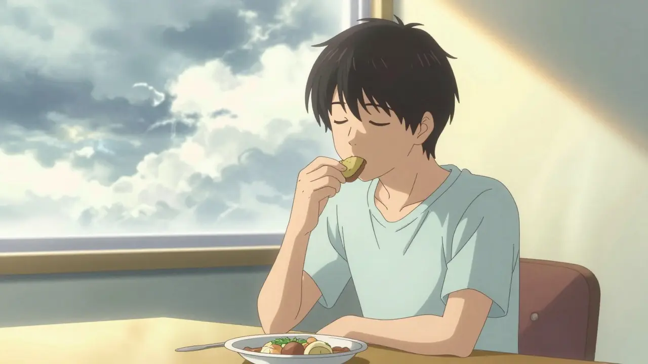 Person eating mindfully with fading emotional storms, calm and serene expression.