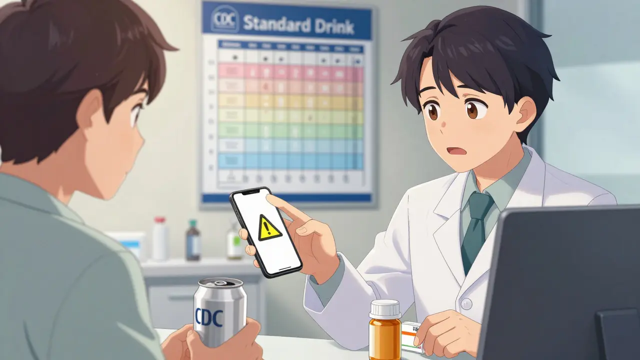 Pharmacist advising patient on medication and alcohol safety