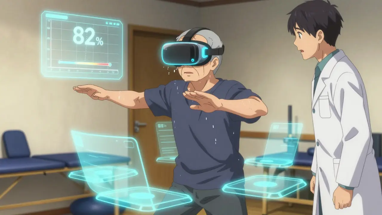 Senior undergoing virtual reality balance therapy with holographic obstacles and therapist observing.