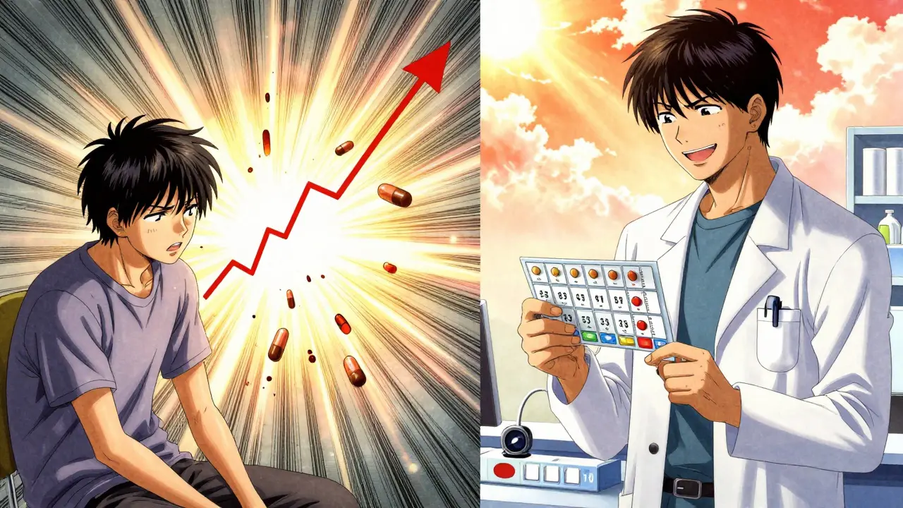 Split image: chaotic thyroid-magnesium clash vs. calm, spaced dosing with pharmacist giving timing card.