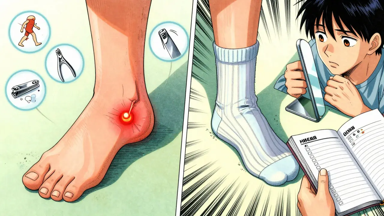 Split image: damaged foot with ulcers vs. healed foot protected by proper care and daily checks.