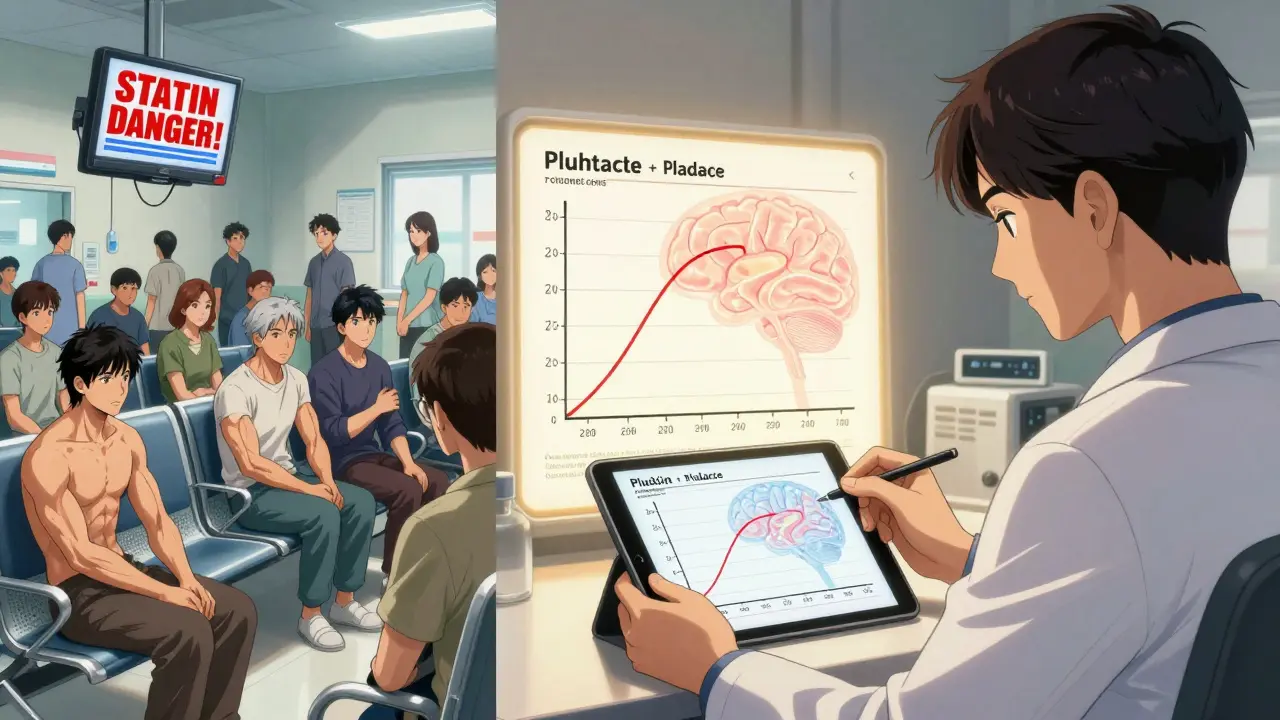 Split scene: chaotic ER with statin fear headlines vs. calm doctor's office showing identical pain curves and a brain overlay revealing nocebo effects.
