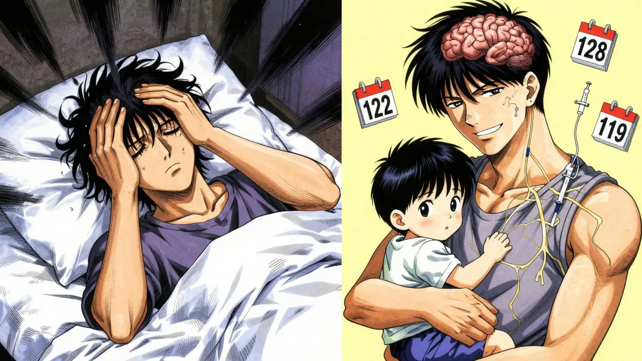 Split scene: person in migraine pain vs. same person happily with child, neural networks connecting them