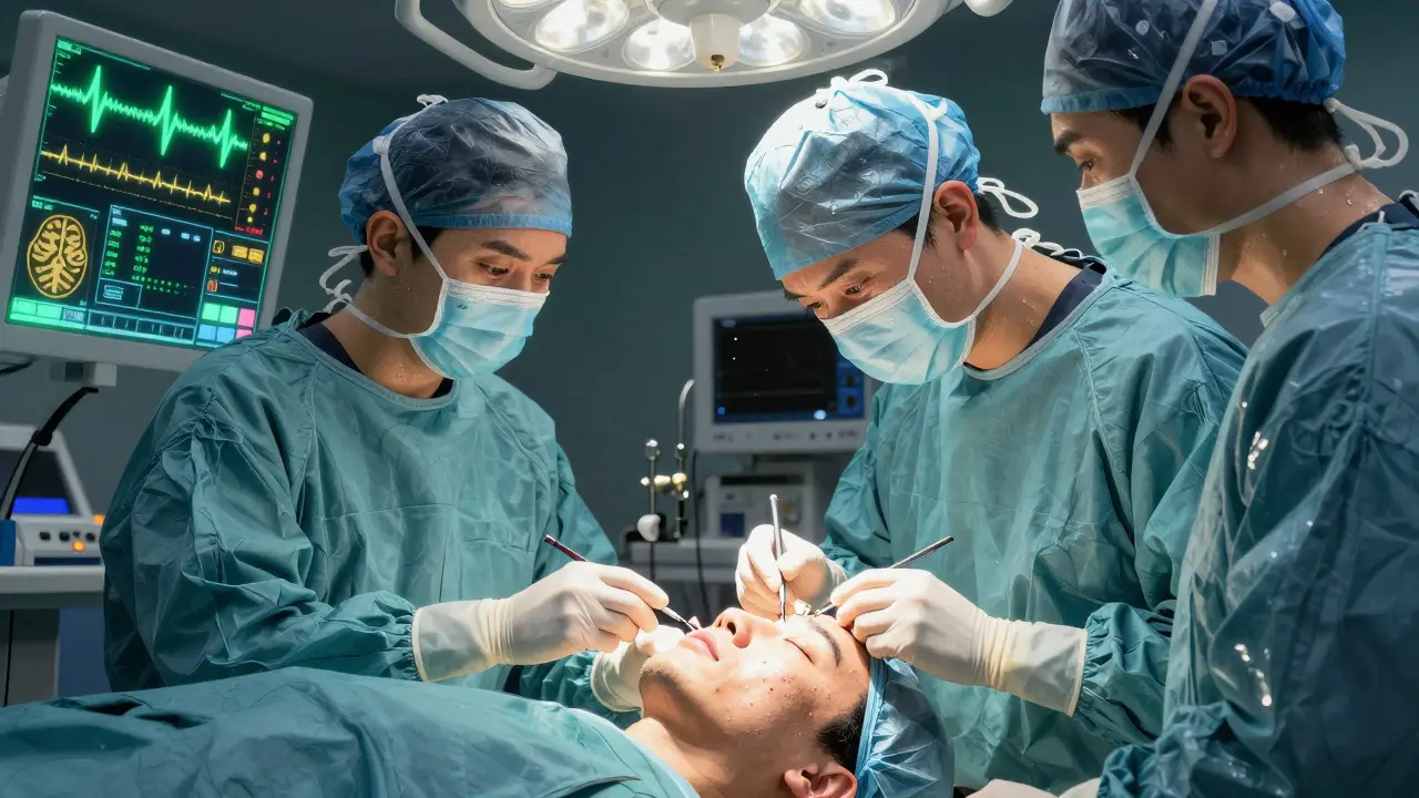 Surgical team performing awake DBS surgery with glowing electrodes and holographic brainwave readouts.