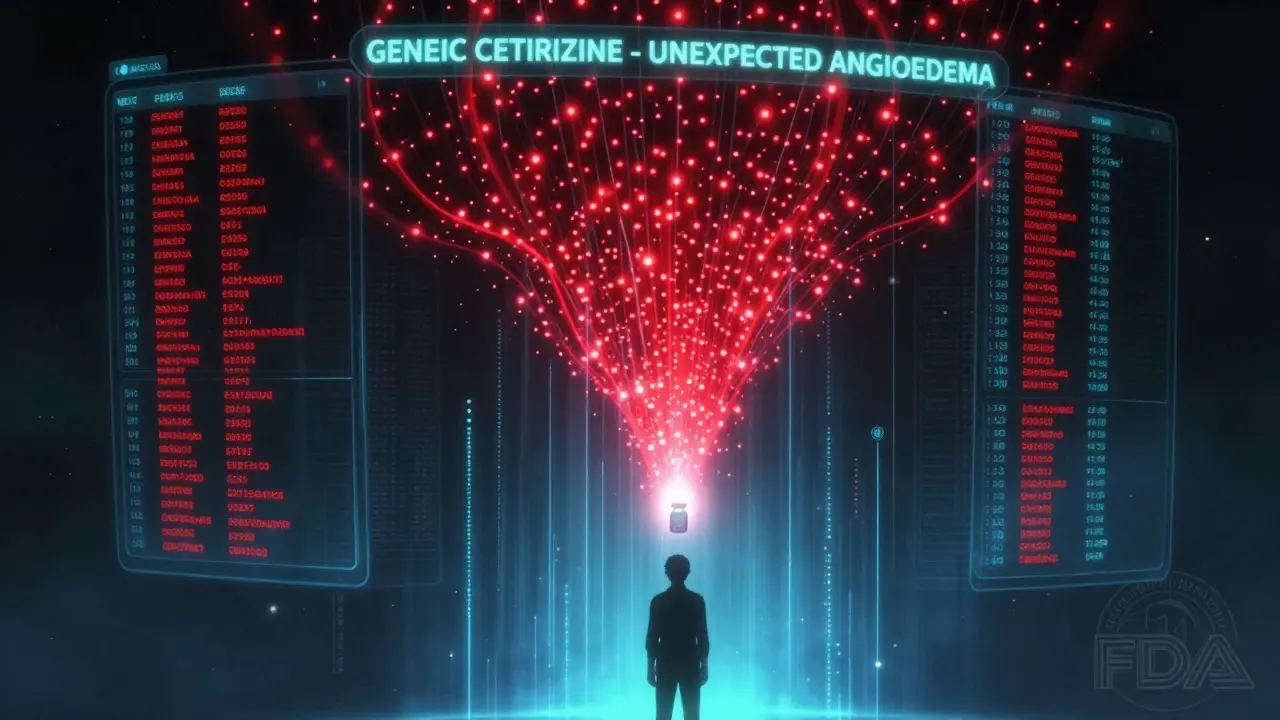 Thousands of adverse event reports converge into a warning signal for a generic drug, with a person holding the bottle below.