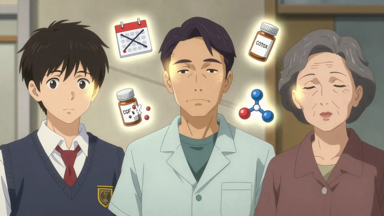 Three diverse patients with glowing Botox marks, icons of reduced headaches and medication withdrawal around them