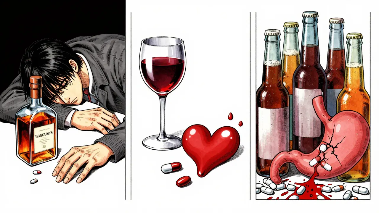 Three-panel manga of spirits sedation, wine bleeding, beer stomach risks