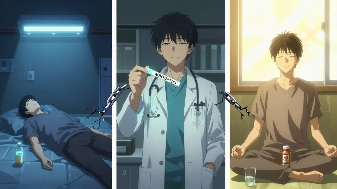 Three parallel timelines showing a person's fate after drinking while on antidepressants: collapse, genetic testing, and recovery.