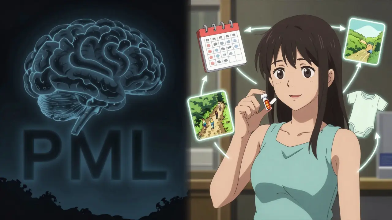 Woman with MS weighing treatment options, with personal life goals visualized as glowing icons beside infection risks.