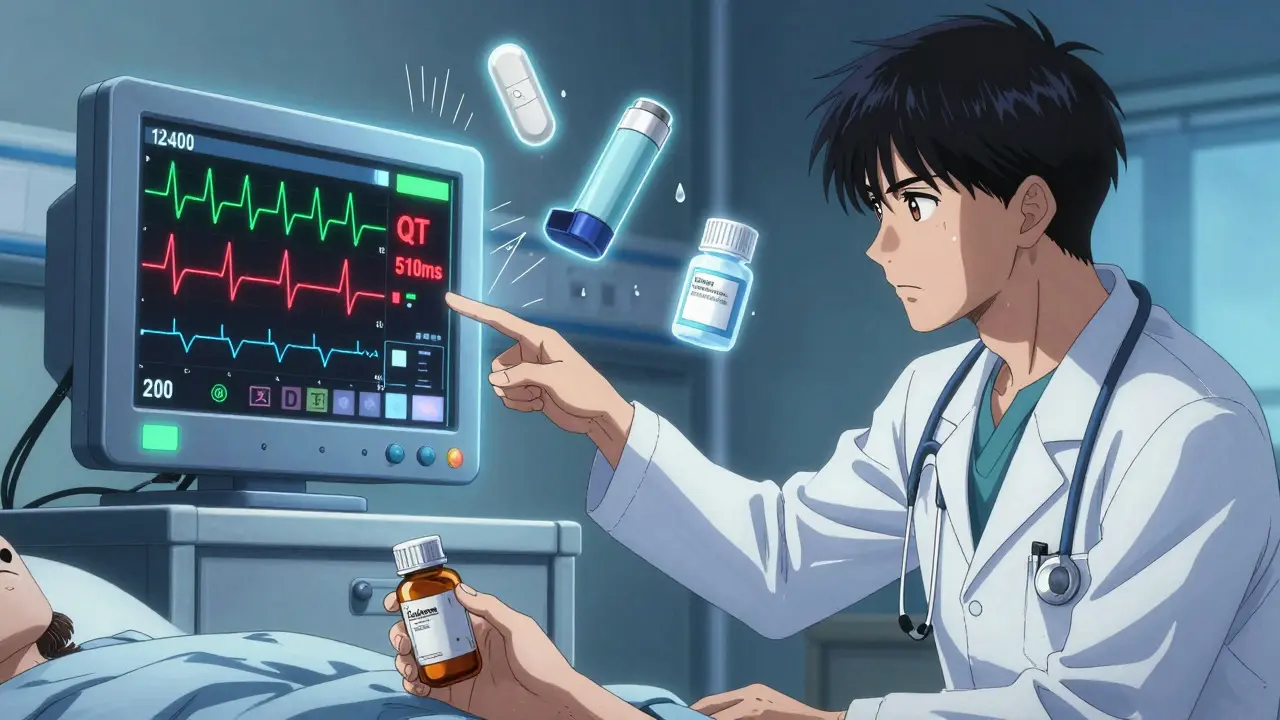 A doctor and patient viewing an ECG monitor showing a dangerously prolonged QT interval with floating drug icons.