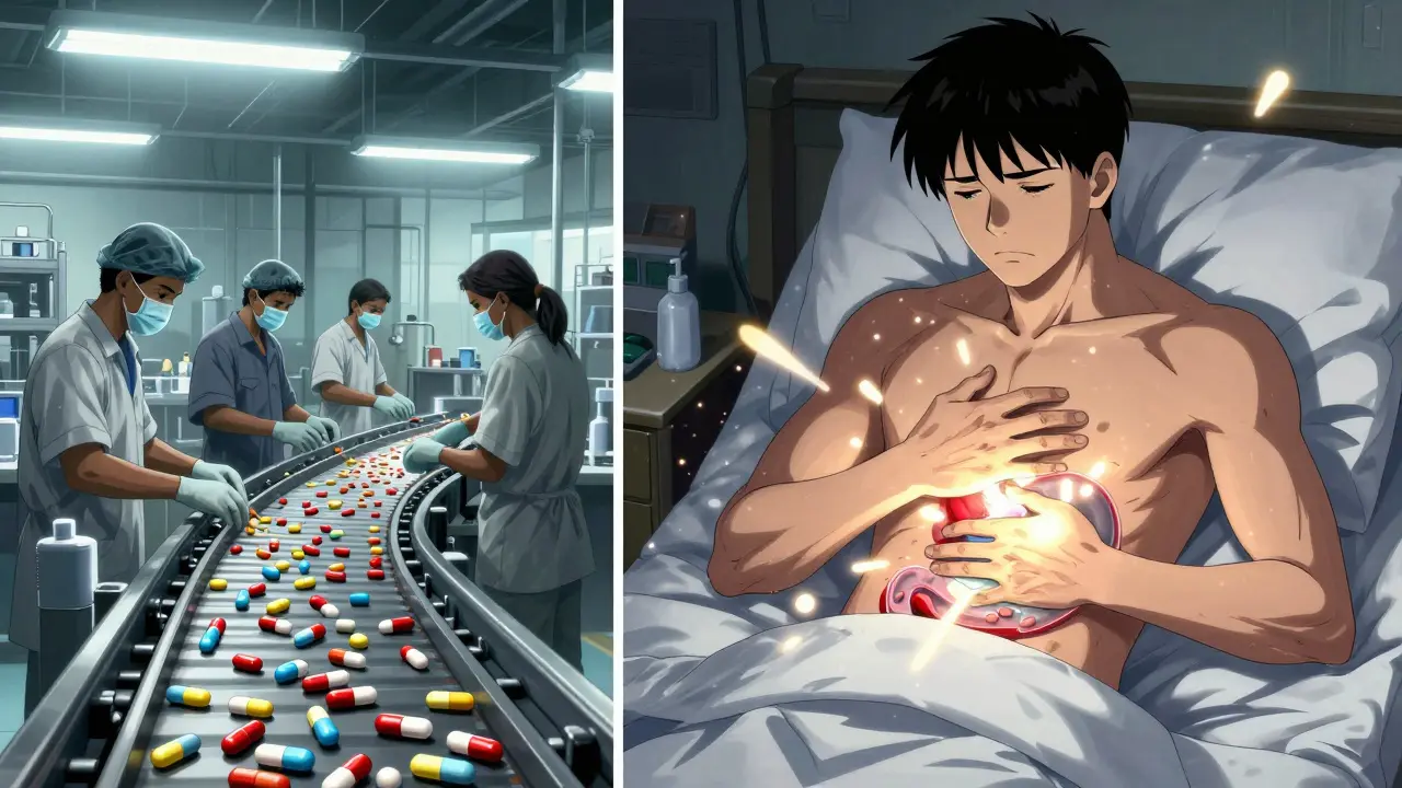 A factory produces inconsistent generic pills while a patient's body shows erratic drug release.