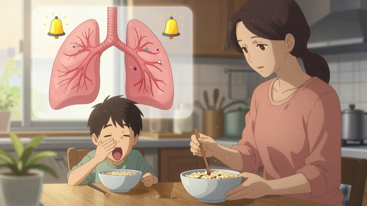 A mother mixes montelukast granules into oatmeal while transparent airway changes appear behind them.