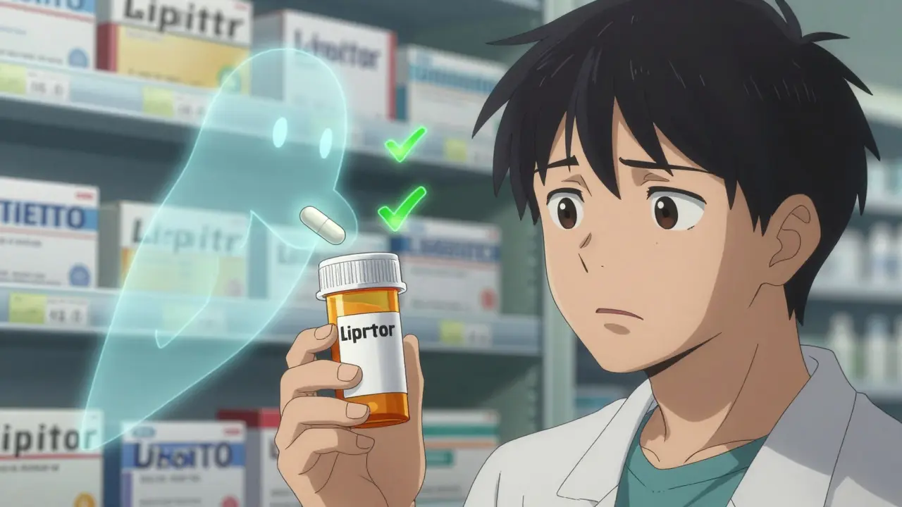 A patient holding a differently shaped pill with a ghost image of the original brand beside it.