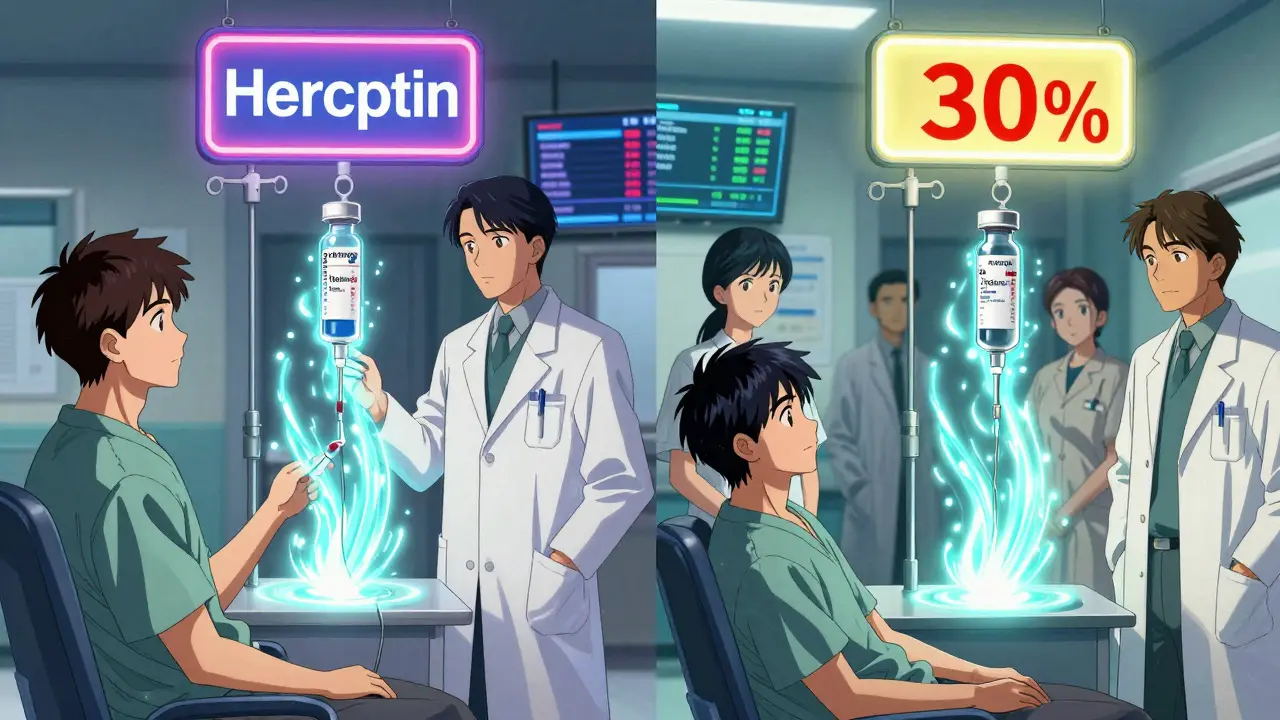 A patient receiving a biosimilar infusion with a lower price tag beside the original biologic, both emitting equal therapeutic energy.