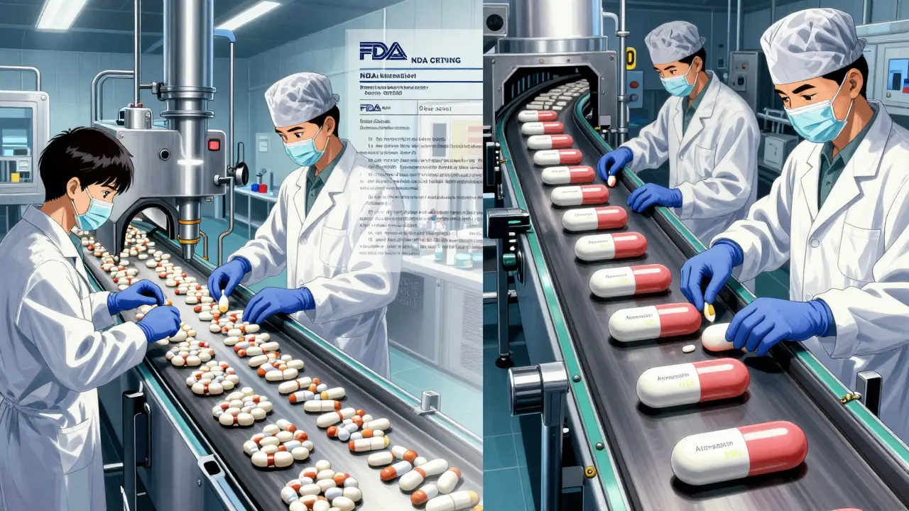 A pharmaceutical factory producing both branded and authorized generic pills on the same production line.