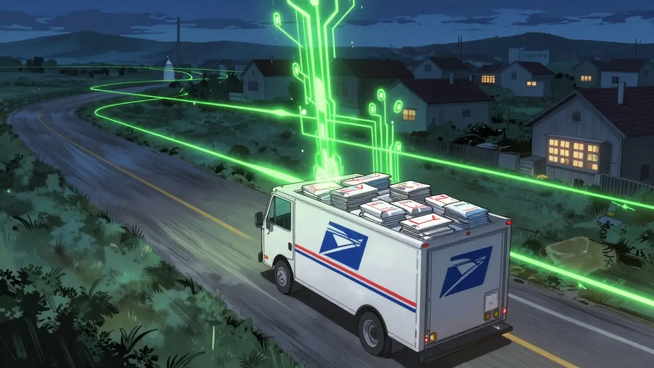A postal truck transporting drug envelopes at dusk, with energy lines rising from a waste-to-energy plant in the distance.