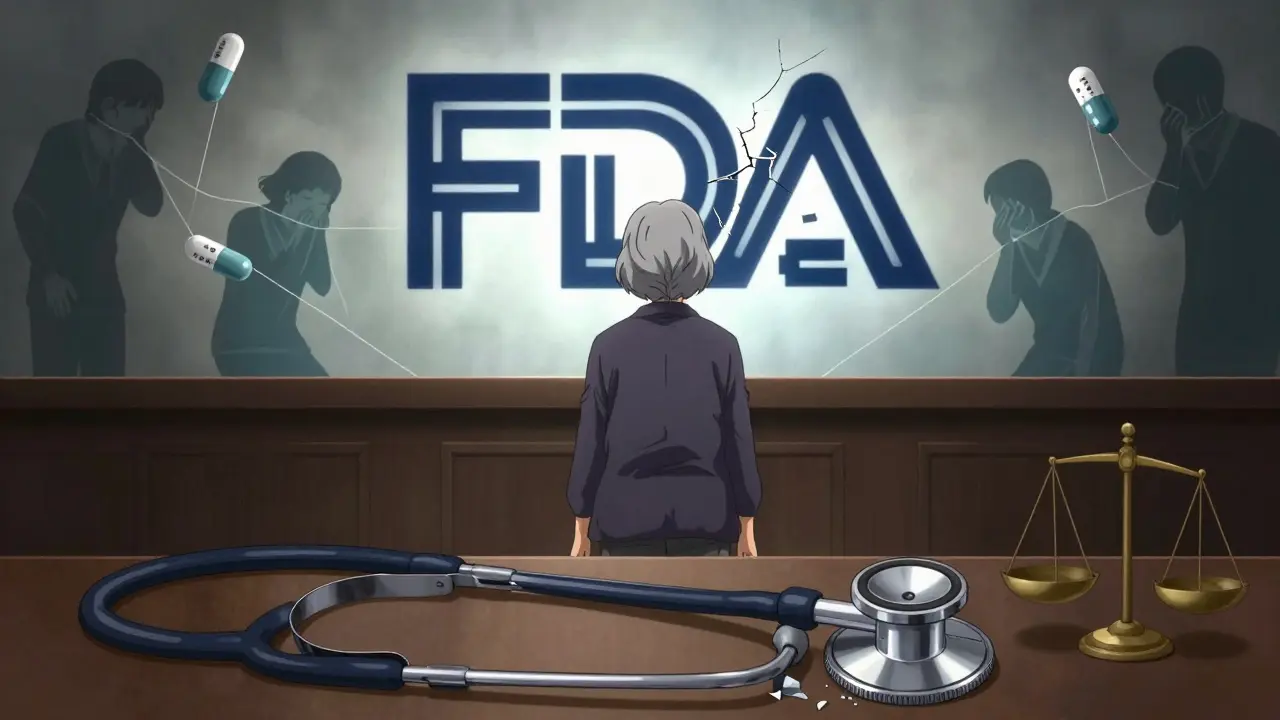A woman confronts a cracked FDA logo as ghostly patients suffer from generic drug failures.