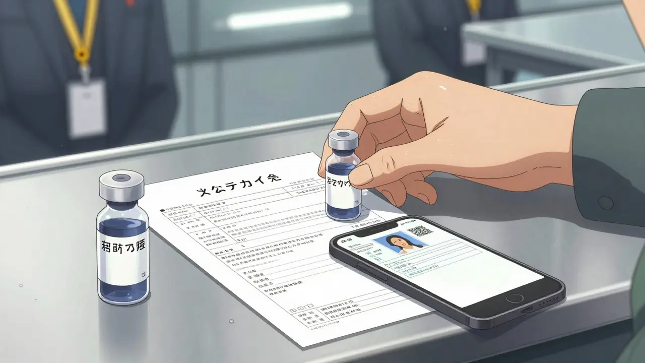 Close-up of original medication bottle, translated prescription, and photo on phone at airport counter.