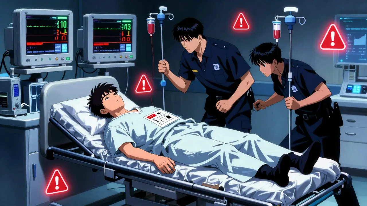 Emergency room scene with a collapsed patient, steroid alert card in hand, as medical staff rush in with life-saving steroids.