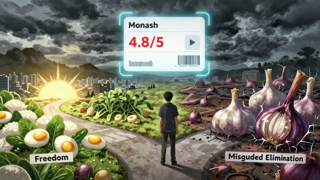 Figure at crossroads between safe foods and chaotic FODMAP triggers, Monash app hologram glowing in background.