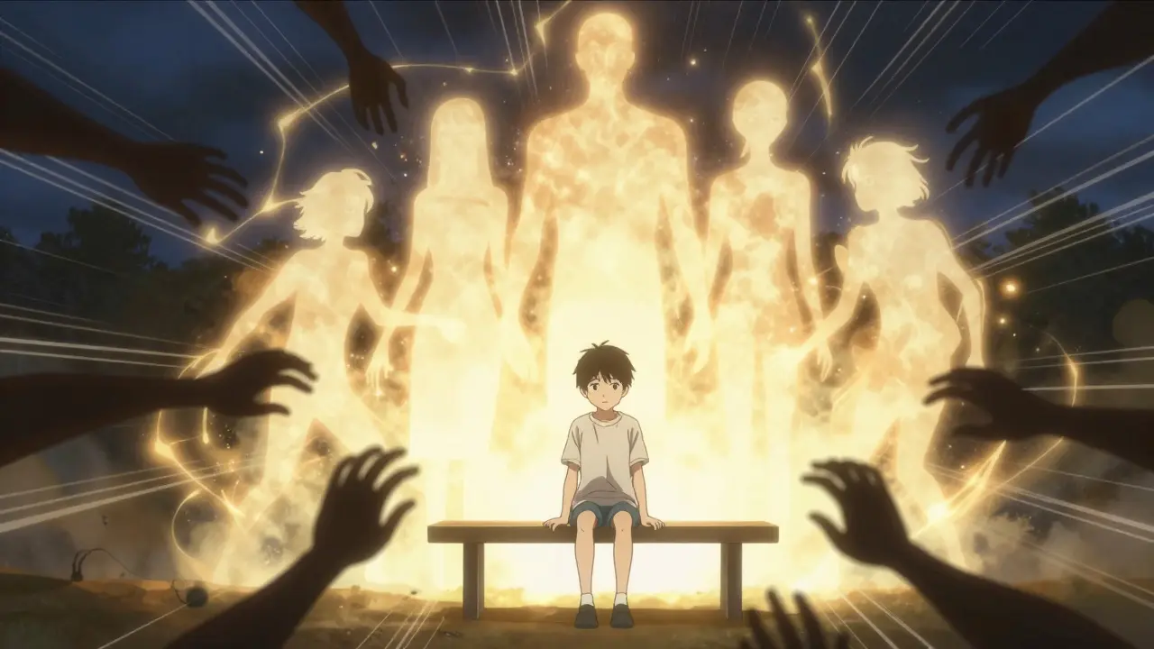 Guardian figures protecting a teen from dark shadows with warm light