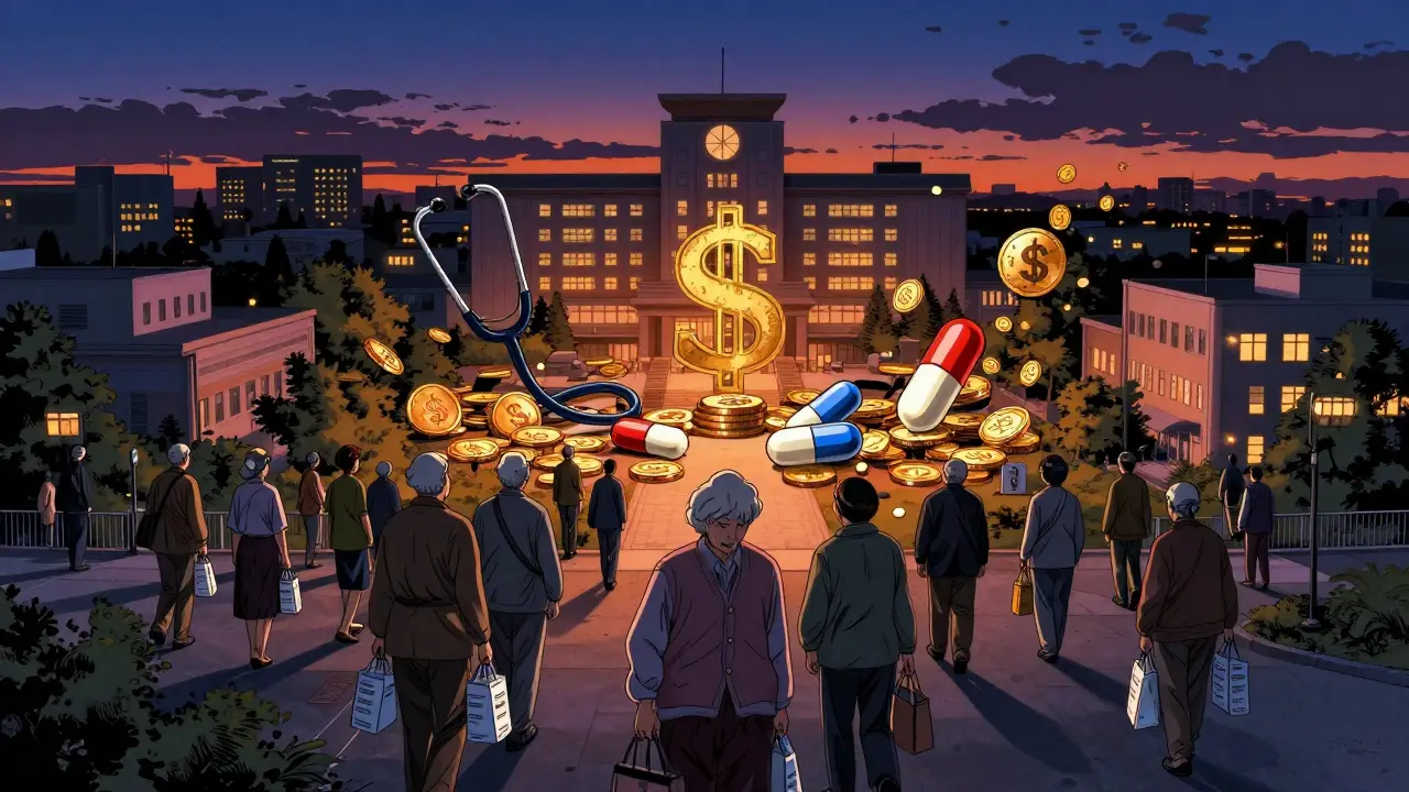 Healthcare system overview with seniors and medical infrastructure at dusk