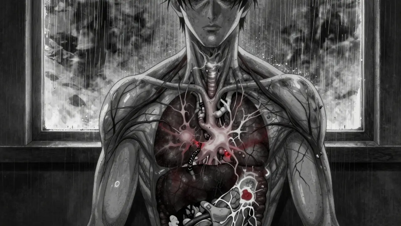 Patient torso glowing with toxic energy against rainy backdrop