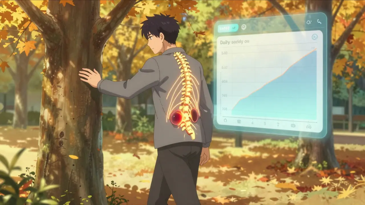 Patient walks in a park as golden threads reconnect their adrenal gland, symbolizing natural cortisol recovery.