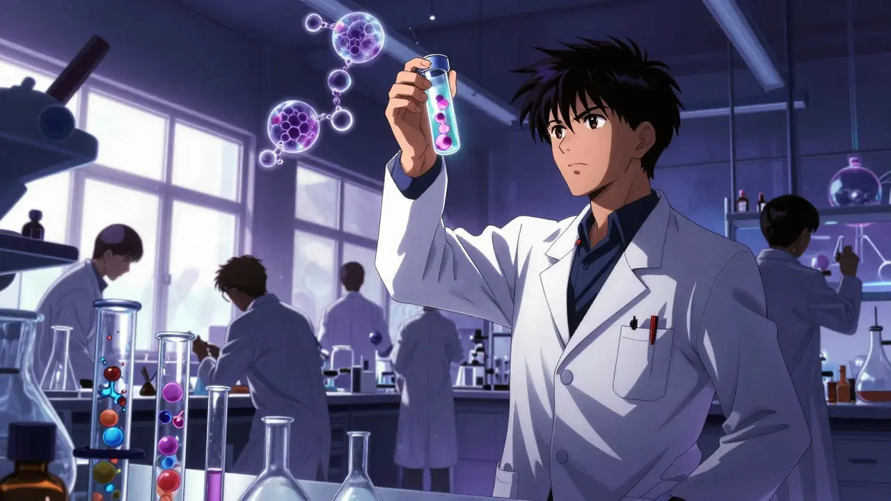 Scientific laboratory researchers examining biosimilar biological treatments in vials